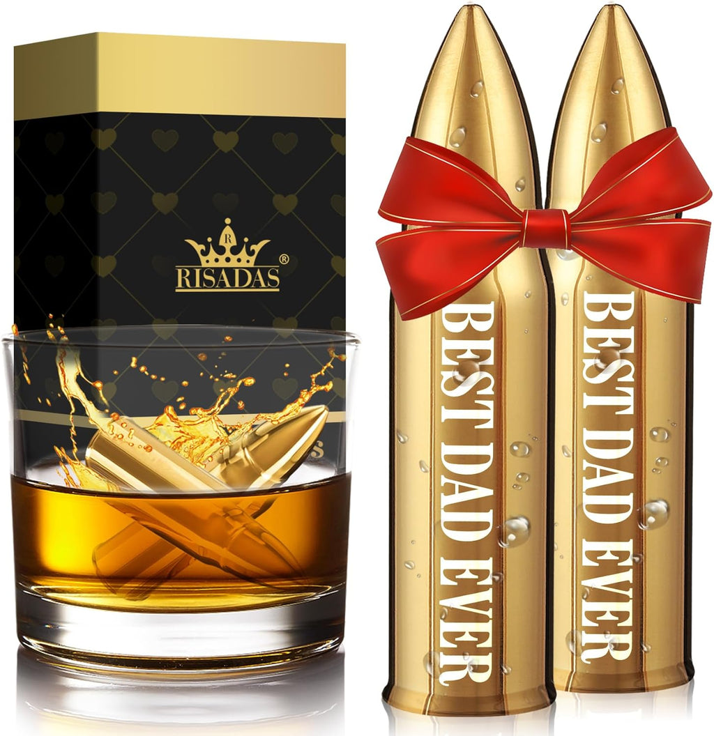 Fathers Day Dad Gifts from Daughter, Wife - Gifts for Dad, Fathers Day Present Ldeas - Dads Birthday Gift from Son, Gift for Stepdad, Men - Christmas Whiskey Stones Presents, Gold, 2 Pieces, Bar Set