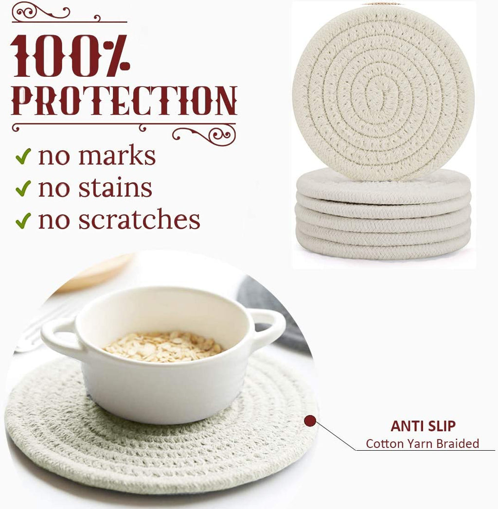 Absorbent Drink Coasters Handmade Braided Drink Coasters 6 Pack (4.3 Inch, Round, 8Mm Thick) Super Absorbent Heat-Resistant Coasters for Drinks Great Housewarming Gift (Beige, 6 Pack)