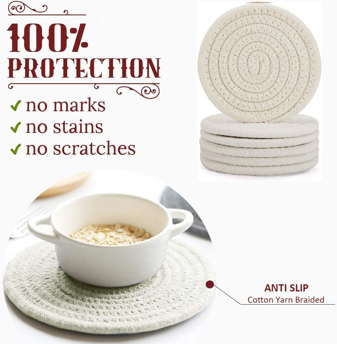 Absorbent Drink Coasters Handmade Braided Drink Coasters 6 Pack (4.3 Inch, Round, 8Mm Thick) Super Absorbent Heat-Resistant Coasters for Drinks Great Housewarming Gift (Beige, 6 Pack)