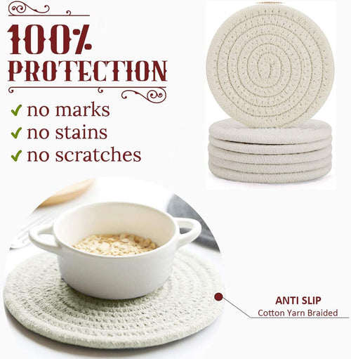 Absorbent Drink Coasters Handmade Braided Drink Coasters 6 Pack (4.3 Inch, Round, 8Mm Thick) Super Absorbent Heat-Resistant Coasters for Drinks Great Housewarming Gift (Beige, 6 Pack)