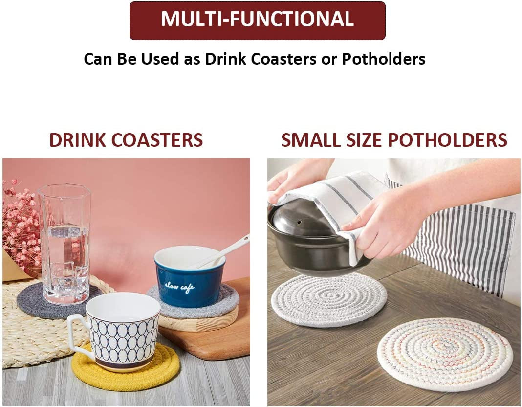 Absorbent Drink Coasters Handmade Braided Drink Coasters 6 Pack (4.3 Inch, Round, 8Mm Thick) Super Absorbent Heat-Resistant Coasters for Drinks Great Housewarming Gift (Beige, 6 Pack)