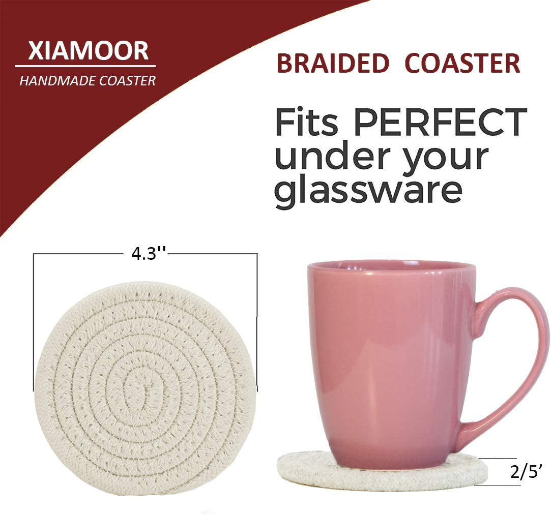 Absorbent Drink Coasters Handmade Braided Drink Coasters 6 Pack (4.3 Inch, Round, 8Mm Thick) Super Absorbent Heat-Resistant Coasters for Drinks Great Housewarming Gift (Beige, 6 Pack)