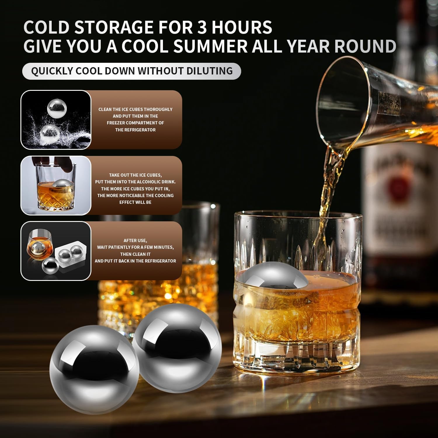 Whiskey Balls Reusable Stainless Steel Metal Ice Sphere Cubes Beverage Chilling Rocks Whiskey Stones for Red Wine, Bar Beer, Scotch, Vodka Drinks
