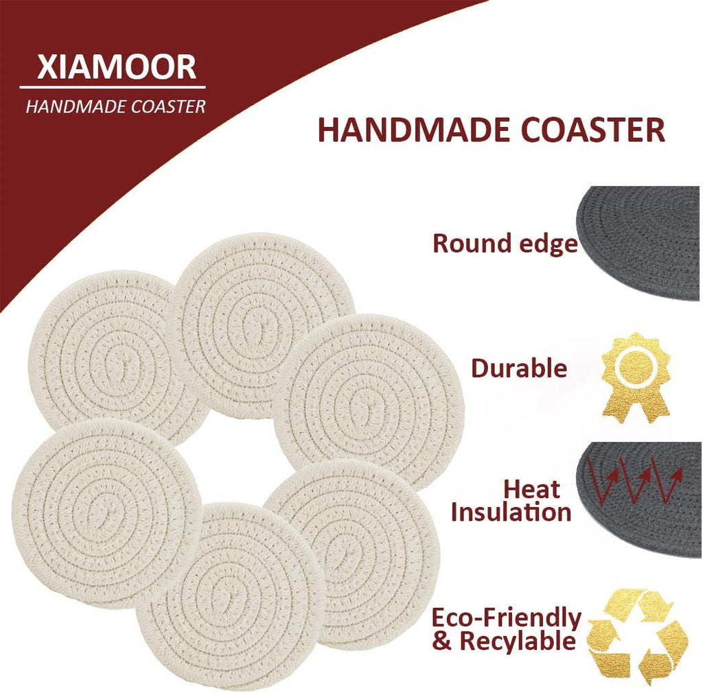 Absorbent Drink Coasters Handmade Braided Drink Coasters 6 Pack (4.3 Inch, Round, 8Mm Thick) Super Absorbent Heat-Resistant Coasters for Drinks Great Housewarming Gift (Beige, 6 Pack)